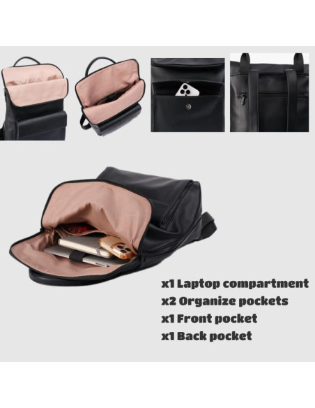 Mochila de Oficina para Mujeres de Cuero Vegano 30L Negra Mochila de Oficina para Mujeres de Cuero Vegano 30L Negra