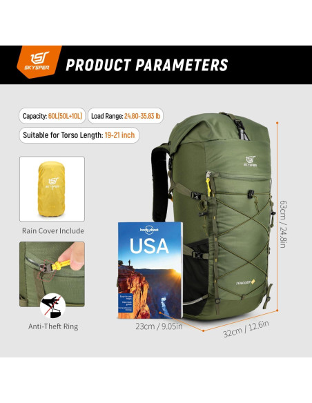 Mochila de Senderismo SKYSPER 50L Ligera Verde Militar Mochila de Senderismo SKYSPER 50L Ligera Verde Militar