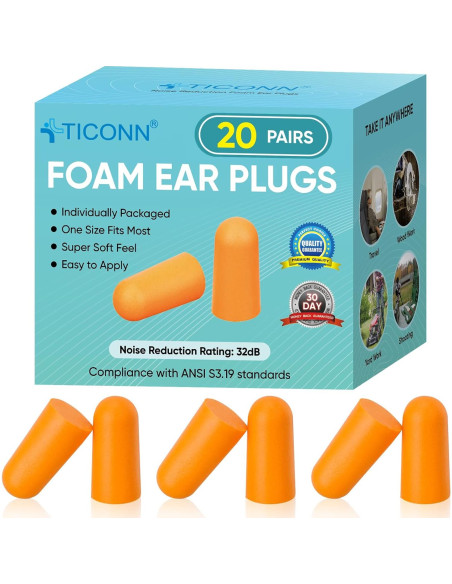 Tapones para Oídos TICONN 20 Pares 32dB Reducción Ruido Tapones para Oídos TICONN 20 Pares 32dB Reducción Ruido