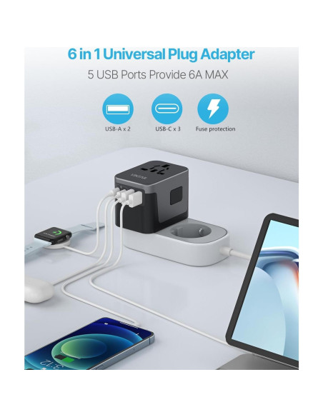 Adaptador de Viaje Universal VINTAR 6A 5 Puertos USB 30W Adaptador de Viaje Universal VINTAR 6A 5 Puertos USB 30W