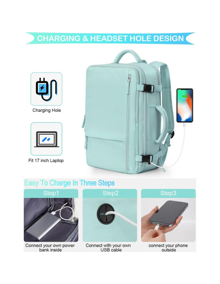 Mochila de Viaje Grande Aprobada Aerolíneas 40L USB Azul-verde Mochila de Viaje Grande Aprobada Aerolíneas 40L USB Azul-verde