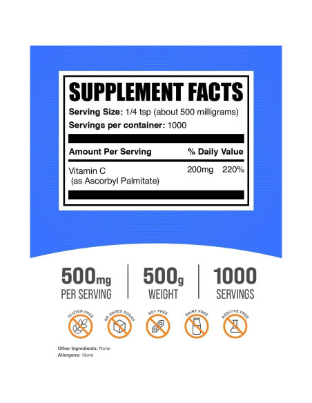 Polvo de Palmitato de Ascorbilo BulkSupplements 500g - Vitamina C Polvo de Palmitato de Ascorbilo BulkSupplements 500g - Vitamina C