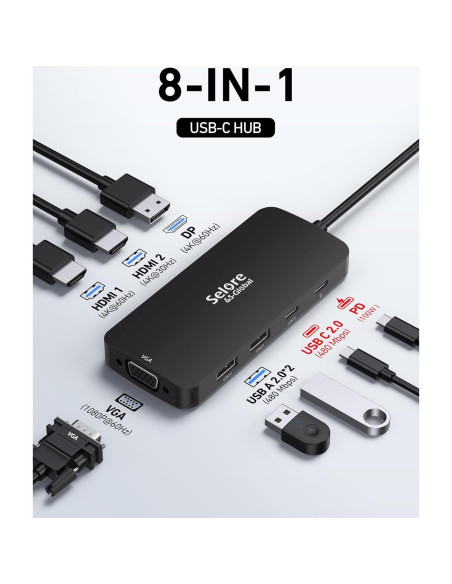 Adaptador USB C Selore Dual HDMI 4K para 3 Monitores Adaptador USB C Selore Dual HDMI 4K para 3 Monitores
