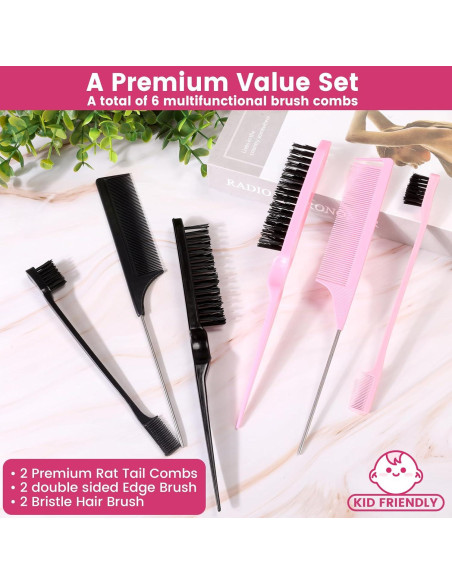 Set de 6 Peines y Cepillos para Estilizar Cabello EWAGOA - Negro y Rosa Set de 6 Peines y Cepillos para Estilizar Cabello EWAGOA - Negro y Rosa