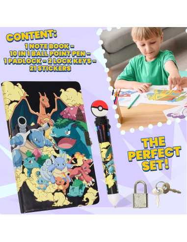 Conjunto de Diario Pokémon F&F con Cerradura y Bolígrafos