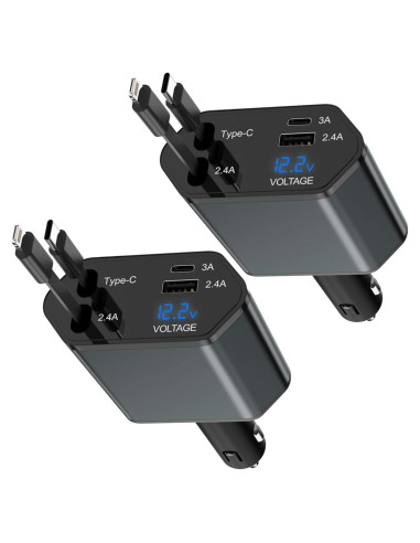 Cargador de coche retráctil 66W 4 en 1 con cables USB-C y Lightning