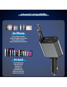Cargador de coche retráctil 66W 4 en 1 con cables USB-C y Lightning 2