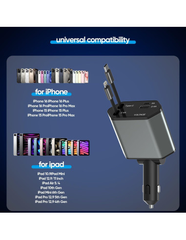 Cargador de coche retráctil 66W 4 en 1 con cables USB-C y Lightning