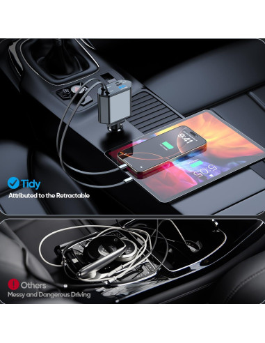 Cargador de coche retráctil 66W 4 en 1 con cables USB-C y Lightning