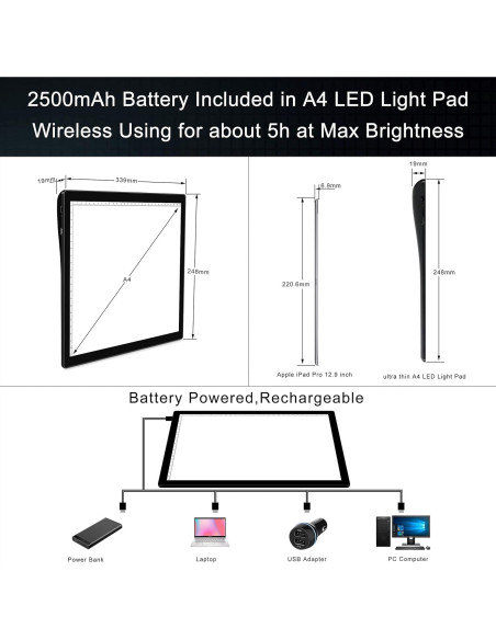 Tablero de Luz LED A4 TOHETO Inalámbrico Recargable 2500mAh Tablero de Luz LED A4 TOHETO Inalámbrico Recargable 2500mAh