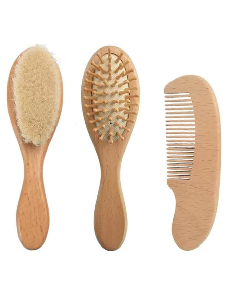 Conjunto Cepillo y Peine Bebé PandaEar Madera Natural 3 en 1 Conjunto Cepillo y Peine Bebé PandaEar Madera Natural 3 en 1