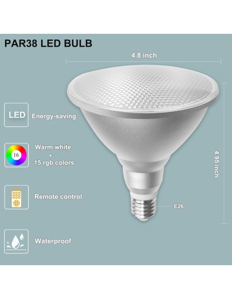 Bombilla LED Par38 30W E26 RGB y Blanco Cálido con Control Remoto Bombilla LED Par38 30W E26 RGB y Blanco Cálido con Control Remoto