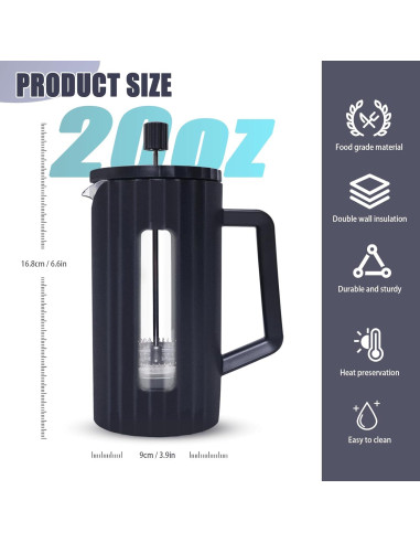 Prensa Francesa TheJze 20 oz Vidrio Borosilicato Negro