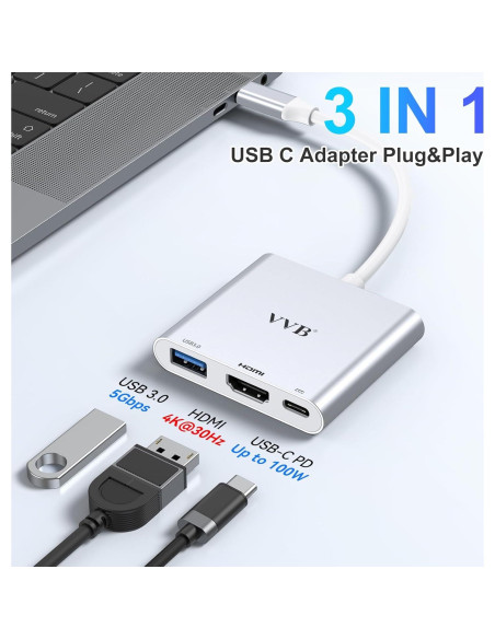 Adaptador USB C a HDMI 4K VVB 3 en 1 con USB 3.0 y Carga PD Adaptador USB C a HDMI 4K VVB 3 en 1 con USB 3.0 y Carga PD