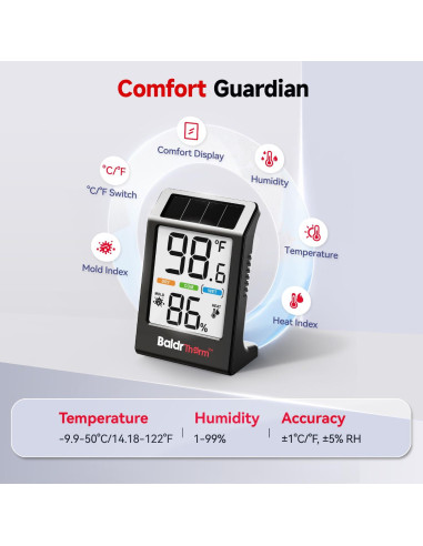 Higrómetro Digital Solar BaldrTherm 3.2" Negro - Termómetro Interior