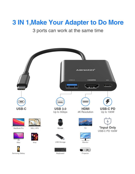 Adaptador USB C a HDMI 4K ABIWAZY con 100W PD y USB 3.0 Adaptador USB C a HDMI 4K ABIWAZY con 100W PD y USB 3.0