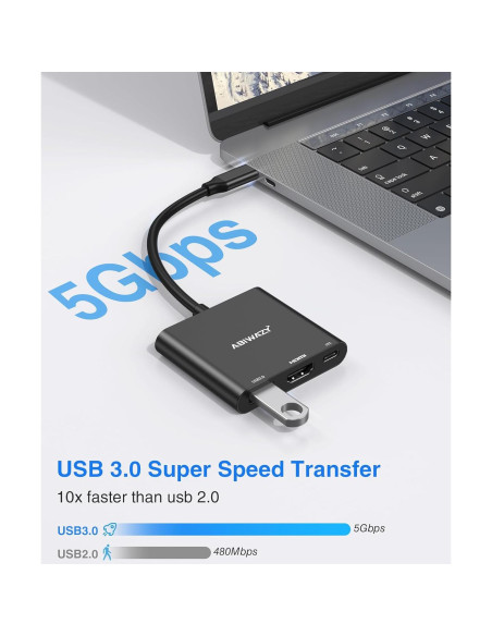 Adaptador USB C a HDMI 4K ABIWAZY con 100W PD y USB 3.0 Adaptador USB C a HDMI 4K ABIWAZY con 100W PD y USB 3.0
