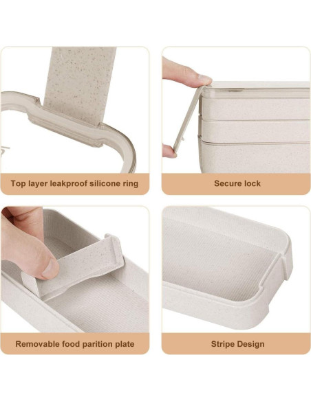 Caja Bento AsFrost 900ML 3-en-1 a Prueba de Fugas Beige Caja Bento AsFrost 900ML 3-en-1 a Prueba de Fugas Beige