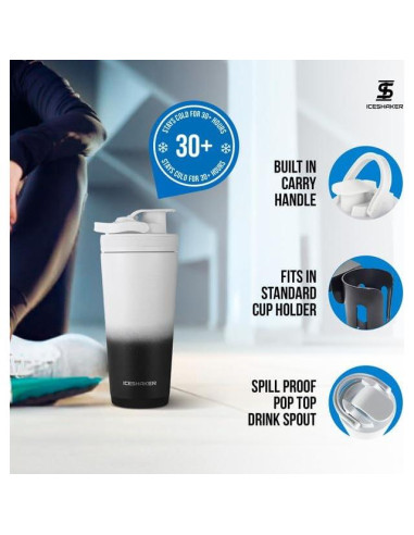 Botella Mezcladora Ice Shaker 26oz Acero Inoxidable Negro/Blanco
