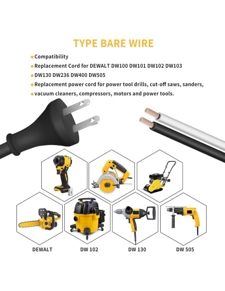 Cable de Alimentación 3.05m 18 Ga para DeWalt DW100 DW101 Cable de Alimentación 3.05m 18 Ga para DeWalt DW100 DW101