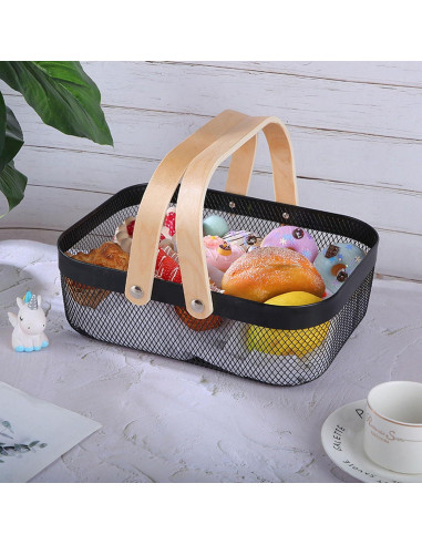 Cesta Organizadora de Metal AJIODA con Mango de Madera Negra 32x24.5x11 cm