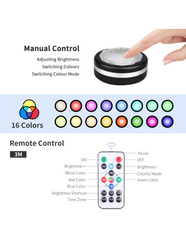 Luces Puck LED Petorobot 6 Piezas 16 Colores Control Remoto