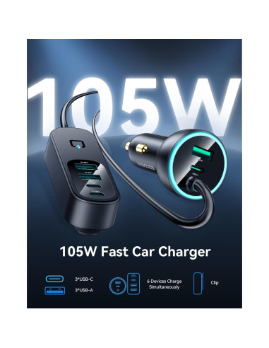 Cargador de Coche Rocoren 105W 6 Puertos USB C Rápido