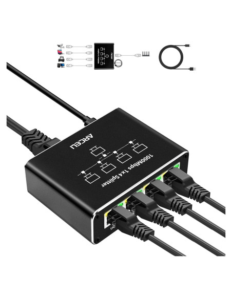 Divisor Ethernet Gigabit 1 a 4 Arceli RJ45 1000Mbps Divisor Ethernet Gigabit 1 a 4 Arceli RJ45 1000Mbps