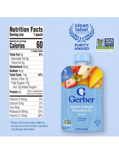 Puré de Frutas Gerber Etapa 2 Manzana Mango Fresa 12 Bolsas
