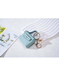 Llavero de bolso mini de cuero PU azul con charms para mujer 2