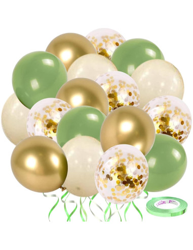 Globos de Confeti Verde Salvia y Dorado - 50 pcs 30 cm