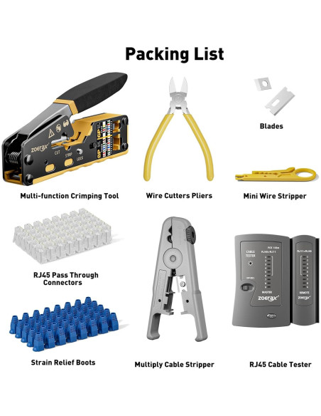 Kit de Crimpado RJ45 ZOERAX 8 en 1 con 50 Conectores Cat6 Kit de Crimpado RJ45 ZOERAX 8 en 1 con 50 Conectores Cat6