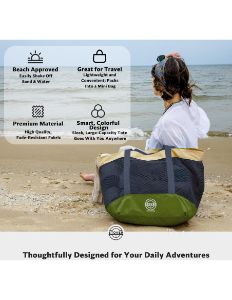 Bolsa de Playa Grande STOVER Verde Militar Plegable con Bolsillos Bolsa de Playa Grande STOVER Verde Militar Plegable con Bolsillos
