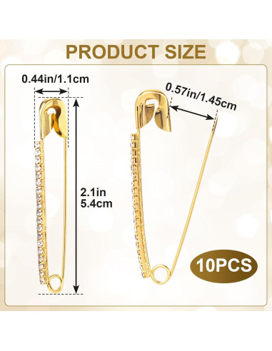10 Alfileres de Seguridad con Rhinestones Dorados 1.1x5.4cm