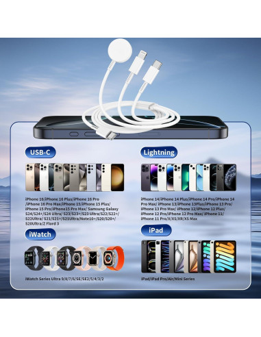 Cargador 3 en 1 Apple Watch USB C 1.83m para iPhone y iPad