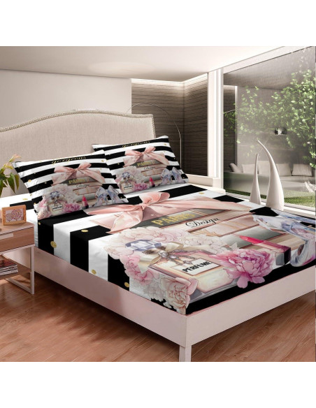 Juego de Sábanas Queen jejeloiu Microfibra Rosa y Negro Juego de Sábanas Queen jejeloiu Microfibra Rosa y Negro
