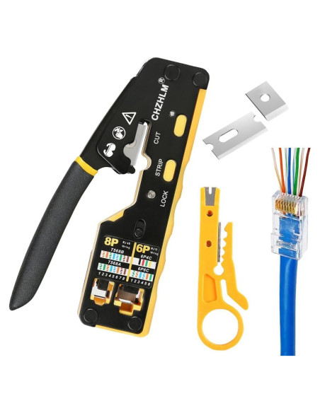 Crimpador RJ45 Pass Through CHZHLM con Pelador Mini Amarillo Crimpador RJ45 Pass Through CHZHLM con Pelador Mini Amarillo