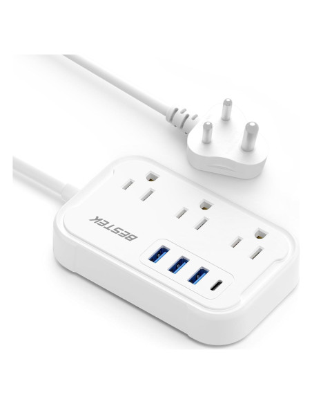 Adaptador de viaje BESTEK Tipo D a EE. UU. con 3 salidas y 4 USB Adaptador de viaje BESTEK Tipo D a EE. UU. con 3 salidas y 4 USB