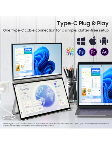 Monitor Doble Plegable 15.6" Wisecoco IPS 1080P HDMI USB-C