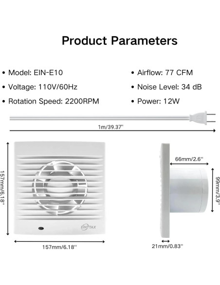 Ventilador de Extracción de Pared EINTTAX 4" 12W 77 CFM Blanco Ventilador de Extracción de Pared EINTTAX 4" 12W 77 CFM Blanco