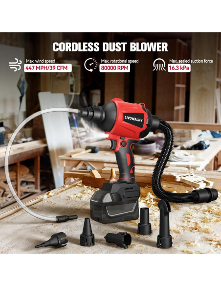 Soplador de Aire Inalámbrico LIVOWALNY 18V 447 MPH 39 CFM Soplador de Aire Inalámbrico LIVOWALNY 18V 447 MPH 39 CFM