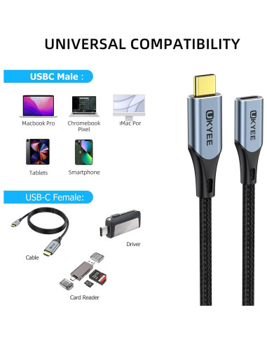 Cable Extensión USB C 1m UKYEE 100W 10Gbps Nylon Trenzado