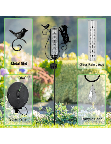 Medidor de lluvia solar Vividladybug con estaca decorativa 94 cm