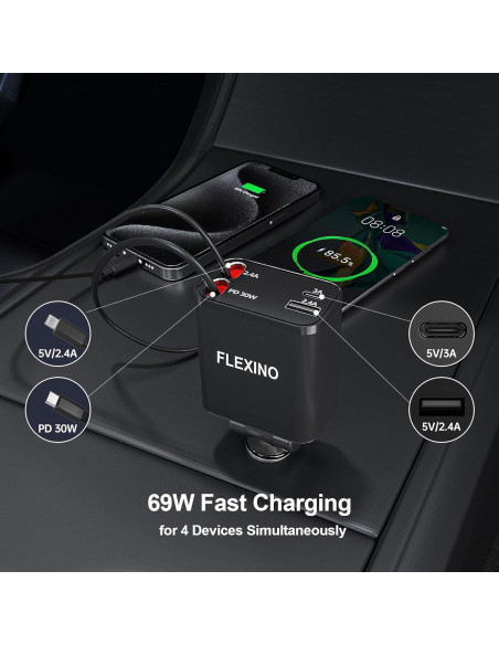 Cargador de coche Flexino 4 en 1 USB C 69W para iPhone 16 Cargador de coche Flexino 4 en 1 USB C 69W para iPhone 16