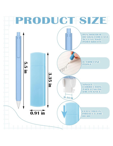 Set de Papelería Estética Resurhang - 6 Bolígrafos, 6 Cintas Correctoras, Notas Adhesivas Azules