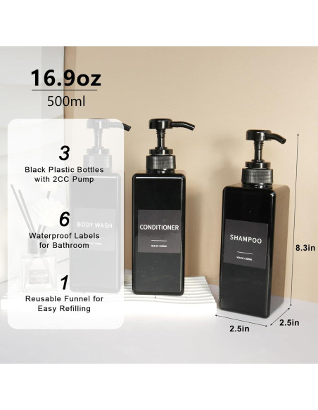 Dispensador de Champú y Acondicionador Lewistin 500ml Negro - Juego de 3 Dispensador de Champú y Acondicionador Lewistin 500ml Negro - Juego de 3