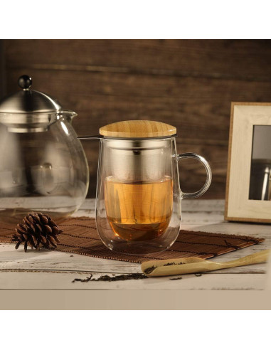 Taza Infusora de Té Glastal 430ml Vidrio Borosilicato Doble Pared