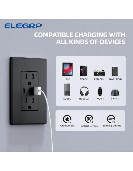 Cargador USB de pared ELEGRP 15A con puertos A y C negro Cargador USB de pared ELEGRP 15A con puertos A y C negro