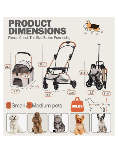 Carrito Plegable para Mascotas Dec-Mec Beige hasta 15.88kg