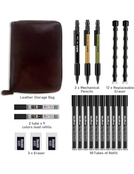 Conjunto de Lápices Mecánicos Nicpro 21 Piezas 1.3mm en Estuche de Cuero Conjunto de Lápices Mecánicos Nicpro 21 Piezas 1.3mm en Estuche de Cuero